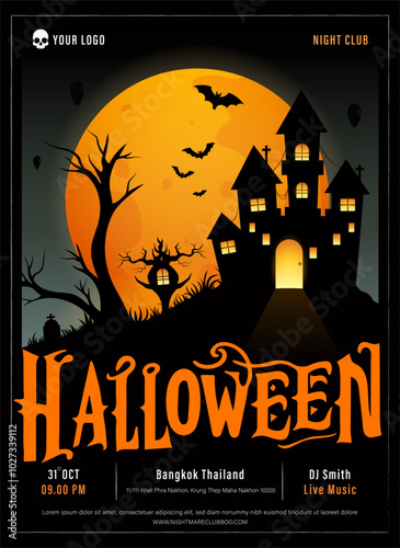 Halloween party poster background with haunted house silhouette, full moon and text design, vector illustration 