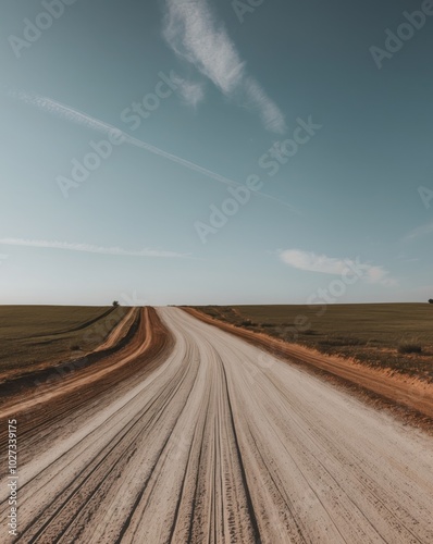 Dusty dirt road winding through a rural landscape under a blue sky in the afternoon sun. photo