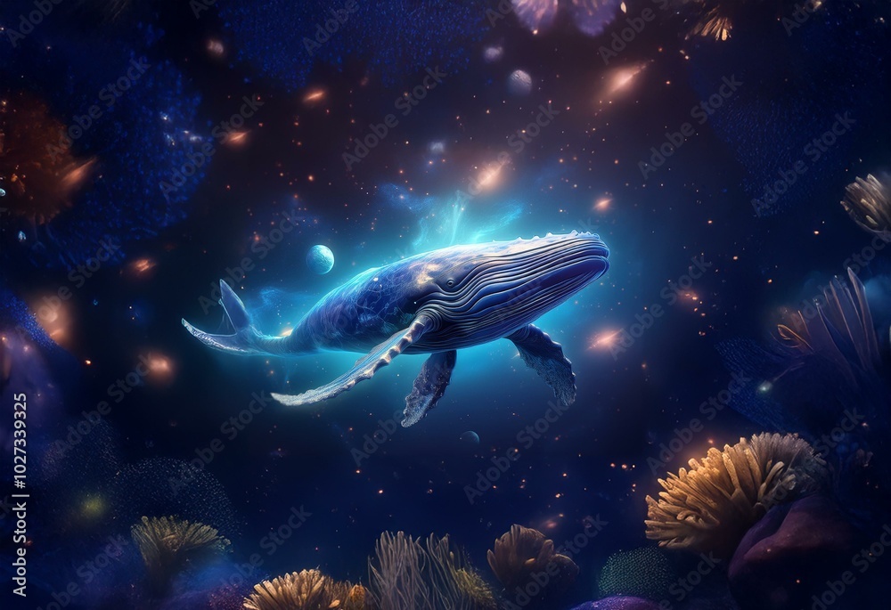 Fototapeta premium A blue whale swims through a deep blue space filled with stars, galaxies, and planets.