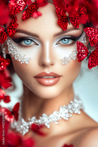 Close-up portrait of a woman with blue eyes, red butterflies, and jeweled face art.