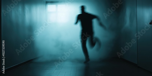 A silhouette of a person running through a dimly lit hallway with fog, symbolizing urgency, mystery, and suspense in an intense, dramatic atmosphere.