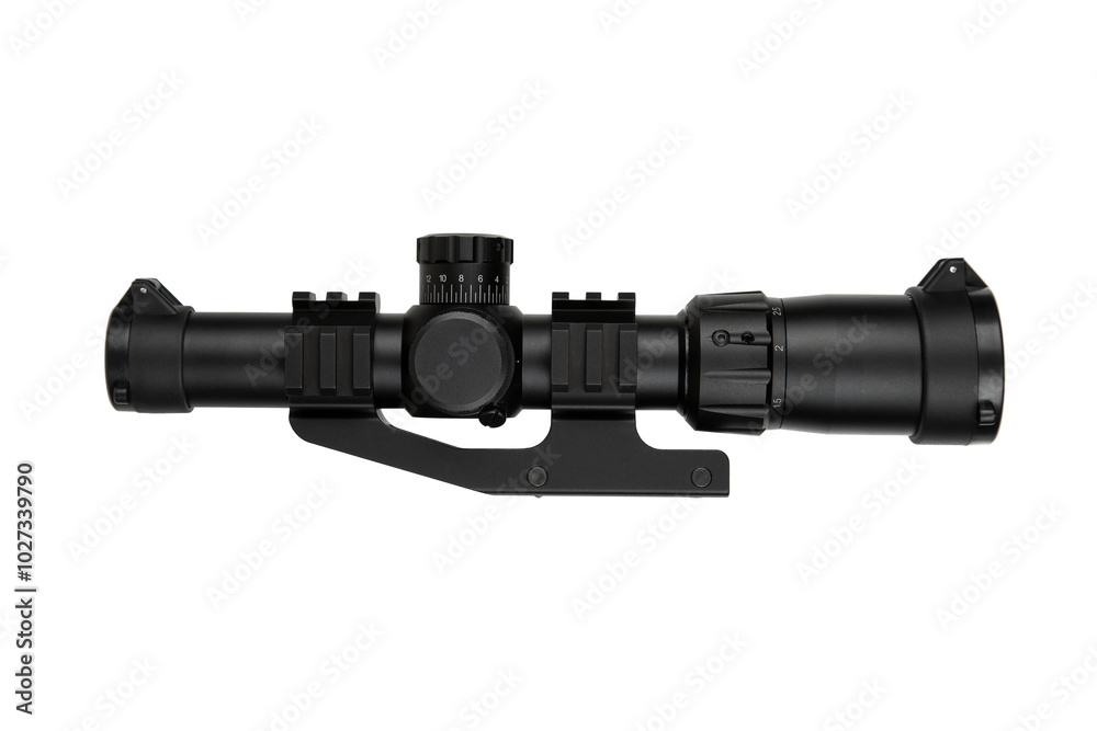 Modern sniper scope on a white back. Optical device for aiming and shooting at long distances. Modern sniper scope on a white back. Optical device for aiming and shooting at long distances.