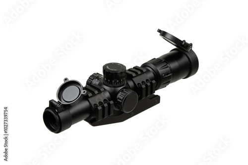 Modern sniper scope on a white back. Optical device for aiming and shooting at long distances.