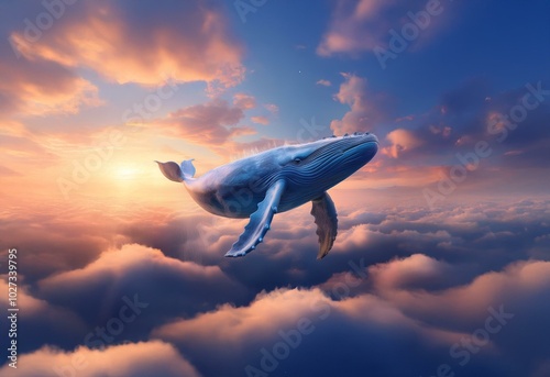 A blue whale leaps through the clouds at sunset. photo