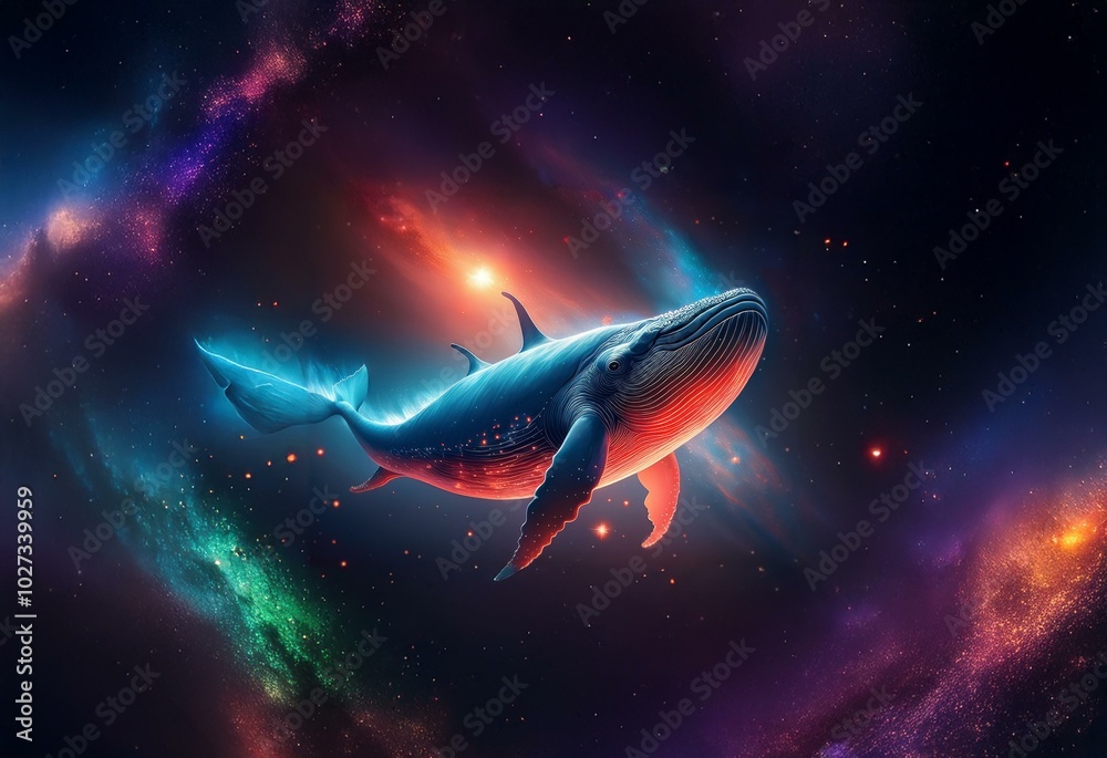 A blue whale swims through space, illuminated by distant stars and nebulae. A blue whale swims through space, illuminated by distant stars and nebulae.