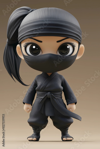 Cute little ninja girl with pony tail, wearing a black outfit and mask, chibi-style character design photo