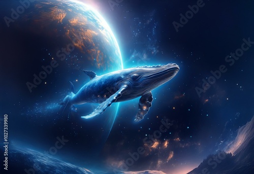 Wallpaper Mural A large blue whale swims in the cosmos past a glowing planet. Torontodigital.ca