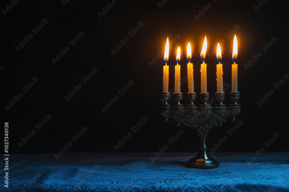 Menorah with Lit Candles on Dark Background Menorah with Lit Candles on Dark Background
