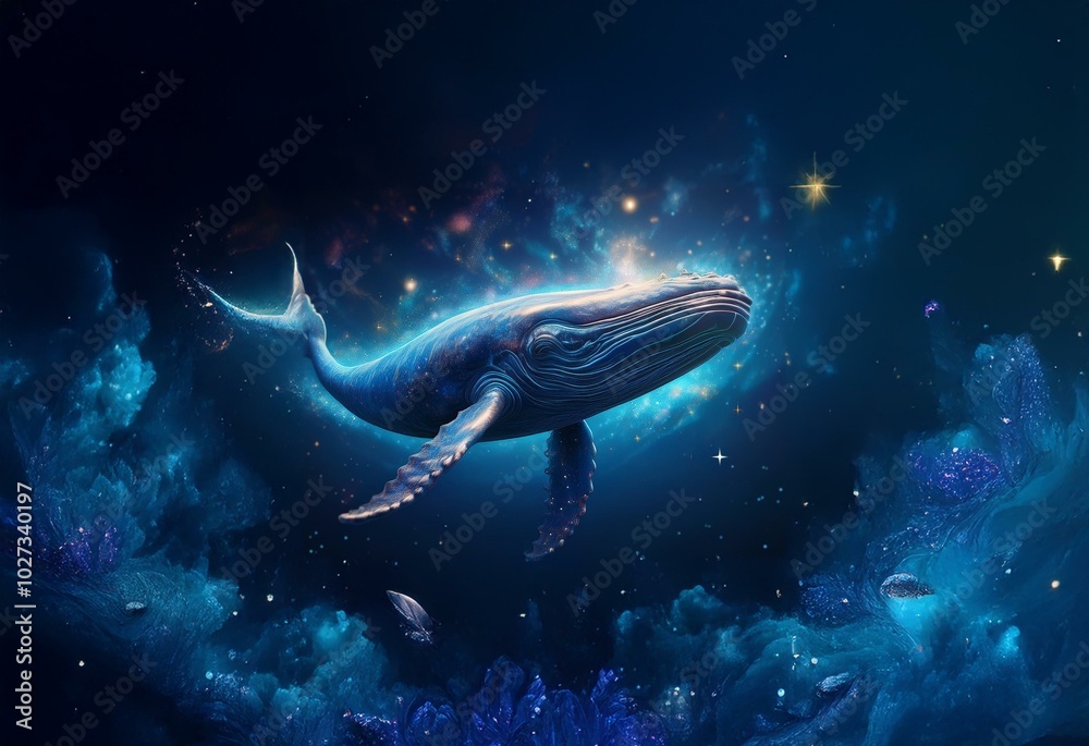 Obraz premium A blue whale swims through a dark blue space with white stars.