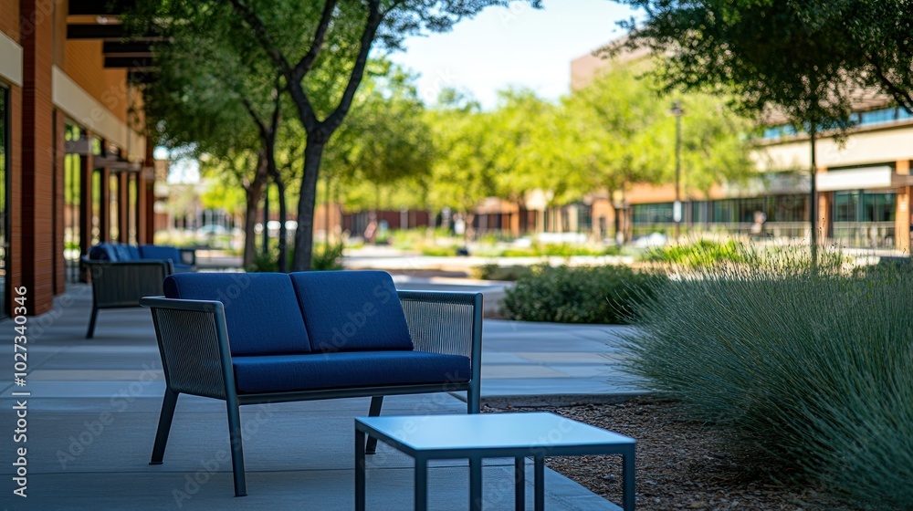 Blue Patio Couch and Table with a Lush Green Backdrop Blue Patio Couch and Table with a Lush Green Backdrop