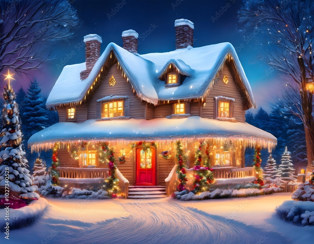 Charming Christmas House Painting with Snowy Roof, Colorful Lights, and Festive Decorations Charming Christmas House Painting with Snowy Roof, Colorful Lights, and Festive Decorations