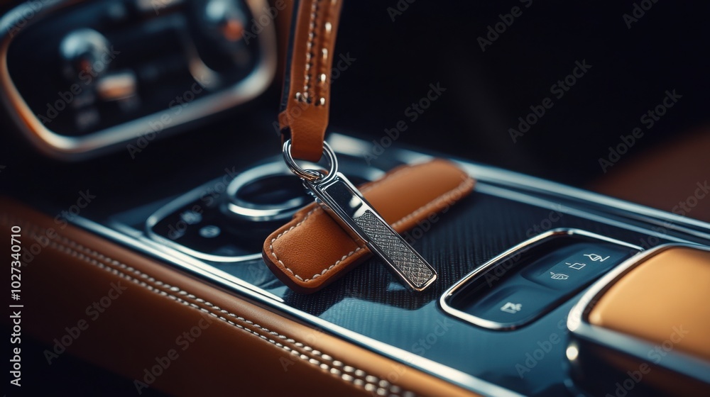 luxury car keychain made from polished metal and leather, resting on a sleek car dashboard luxury car keychain made from polished metal and leather, resting on a sleek car dashboard