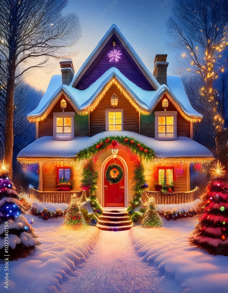Charming Christmas House Painting with Snowy Roof, Colorful Lights, and Festive Decorations Charming Christmas House Painting with Snowy Roof, Colorful Lights, and Festive Decorations