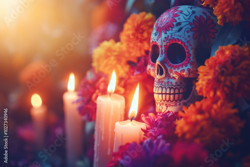 Day of the Dead Celebration with Candles and Flowers  photo