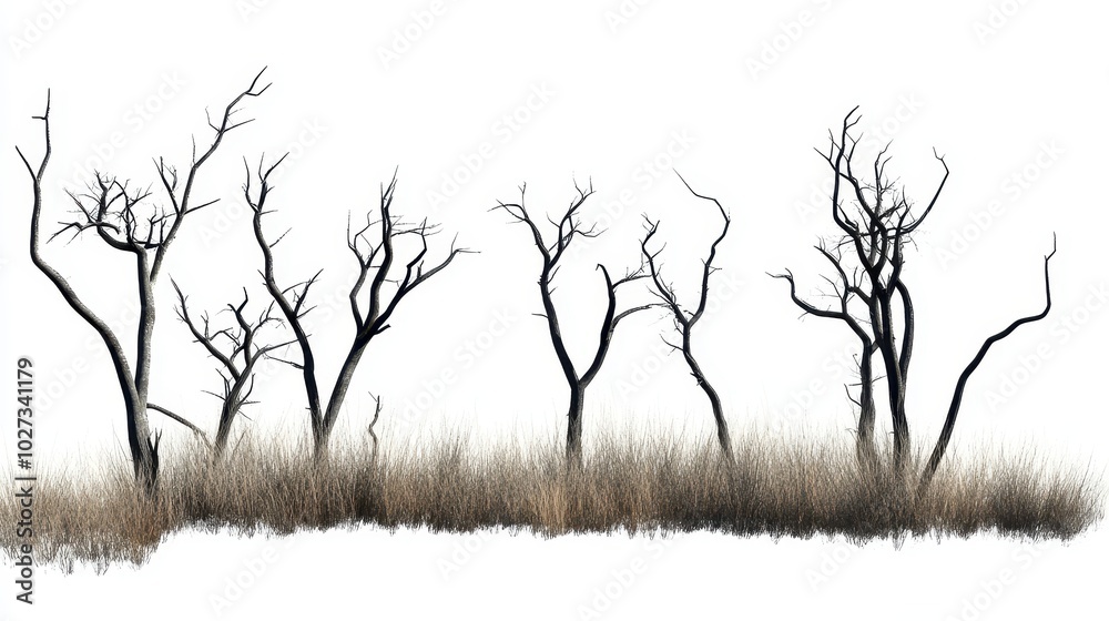 grass dead trees isolated