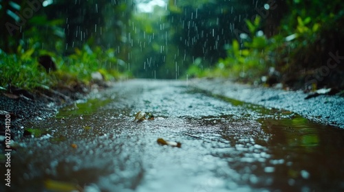 Serene Rainforest Path Amid Cascading Droplets