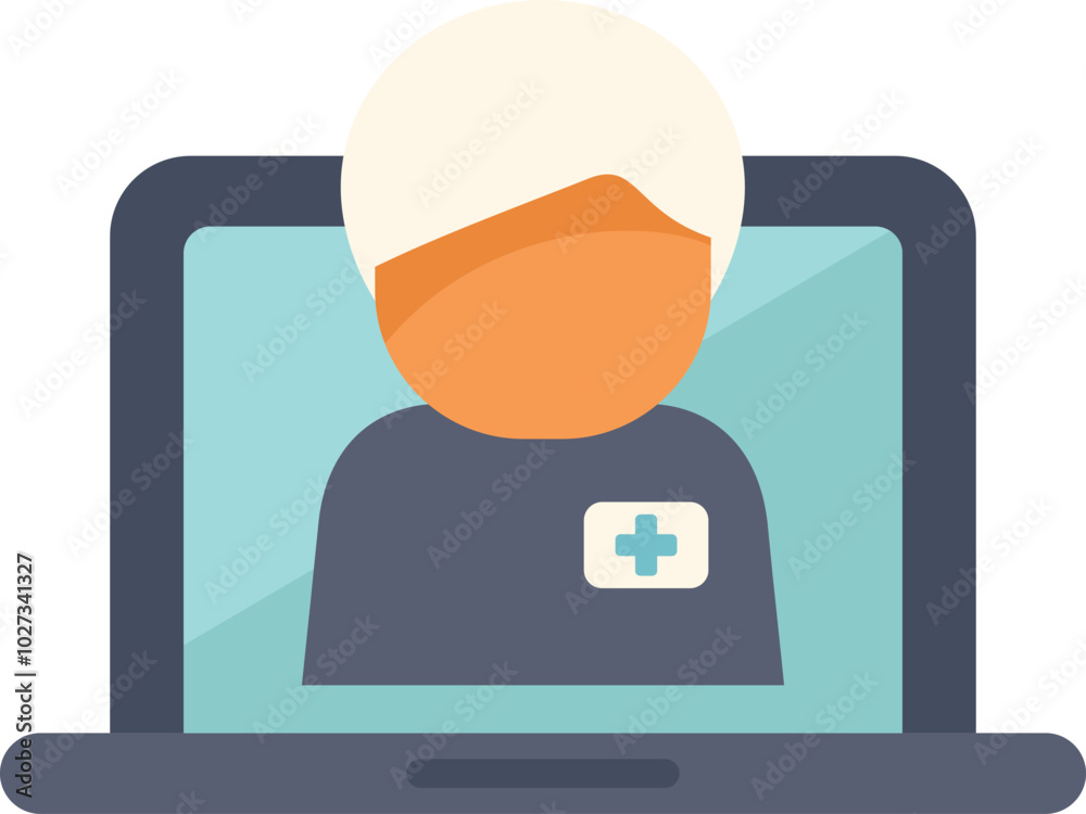 Doctor with a badge is attending an online consultation, providing healthcare remotely using a laptop Doctor with a badge is attending an online consultation, providing healthcare remotely using a laptop