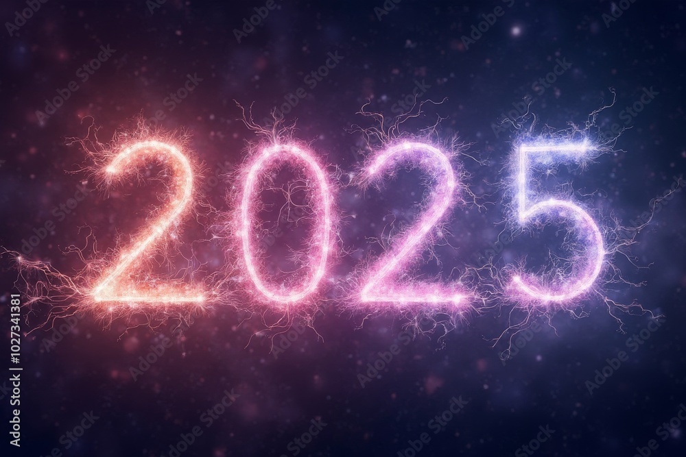 Electrifying 2025 neon lights with glowing sparks against dark background