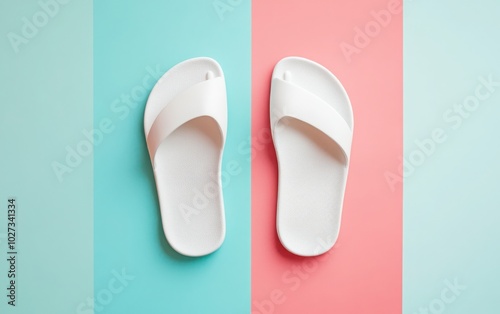 Cozy white slippers on a pastel split-tone background, minimalist design showcasing indoor comfort 