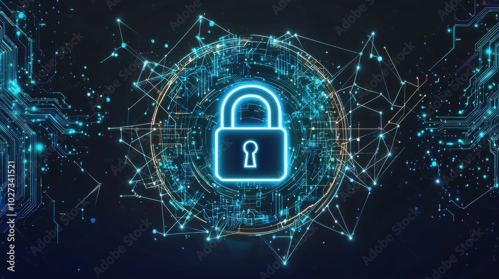 Futuristic digital security interface with glowing lock icon, intricate circuit patterns, geometric shapes, data lines in cool blue neon glow. Futuristic digital security interface with glowing lock icon, intricate circuit patterns, geometric shapes, data lines in cool blue neon glow.