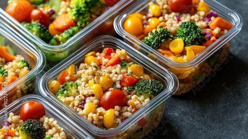 Healthy meal prep with fresh vegetables and grains in containers, ideal for diet planning and portion control.