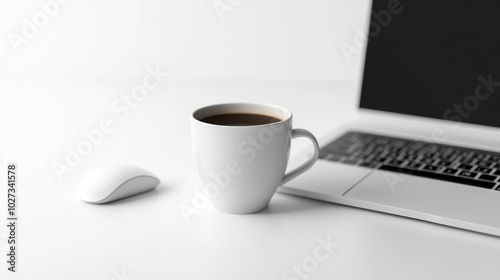 Minimalist workspace with white coffee cup, laptop, and wireless mouse on a sleek, clean white desk.