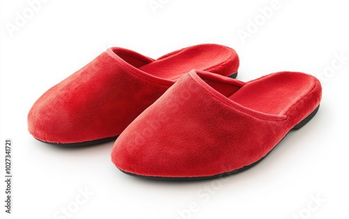 Red ladies' slippers displayed against a white background, typically used as bathroom footwear 