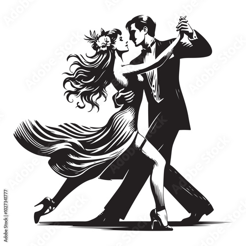 Dancing couple silhouette vector art illustration black color white background 