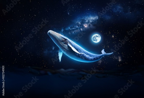 A blue whale swims through a starry night sky with a bright moon shining above. photo