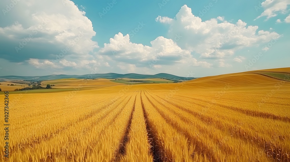 Aerial view of vast golden wheat fields arranged in a patchwork pattern, with rolling hills and fluffy clouds under a blue sky, capturing the beauty of a rural landscape. Aerial view of vast golden wheat fields arranged in a patchwork pattern, with rolling hills and fluffy clouds under a blue sky, capturing the beauty of a rural landscape.