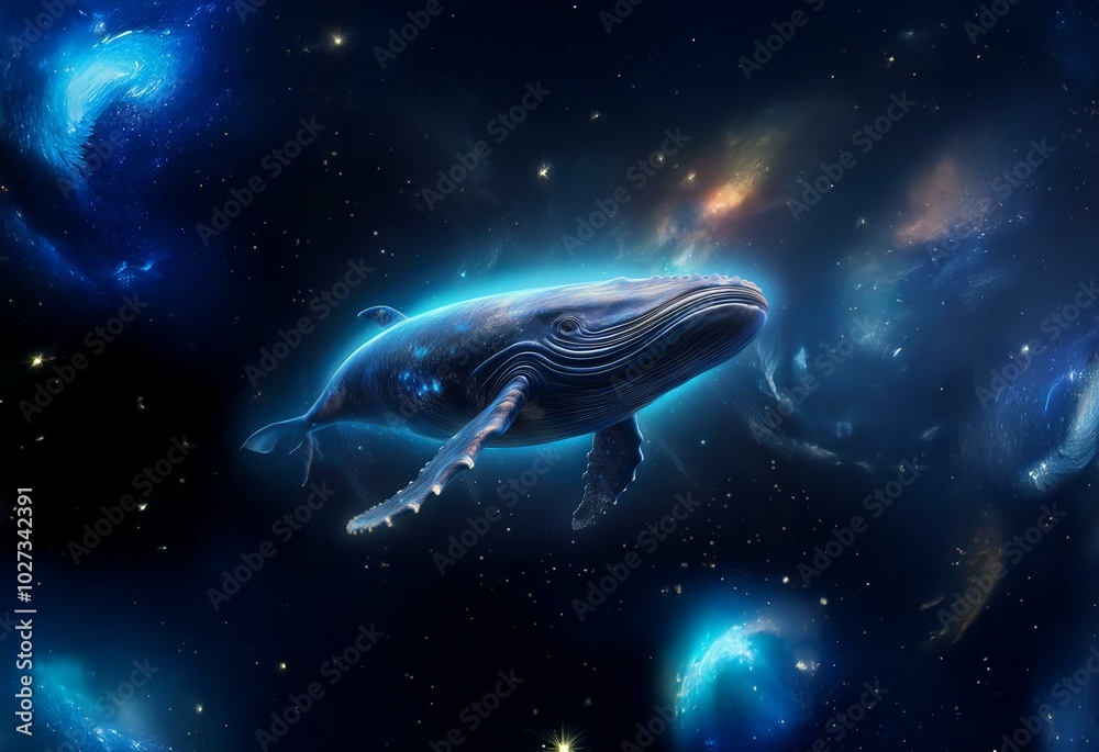 A blue whale swims through a dark starry sky with swirling nebulae. A blue whale swims through a dark starry sky with swirling nebulae.