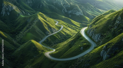 Mountains with winding roads through grassy hills, carved out of the landscape