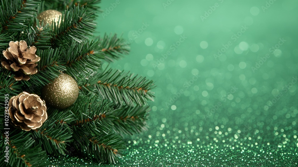 Christmas Tree Branch with Gold Ornaments and Pine Cones on Green Glitter Background Christmas Tree Branch with Gold Ornaments and Pine Cones on Green Glitter Background