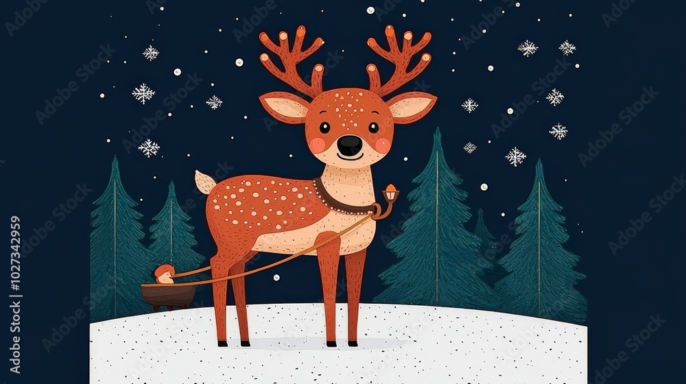 Cute Reindeer Pulling Sleigh In Winter Wonderland Cute Reindeer Pulling Sleigh In Winter Wonderland