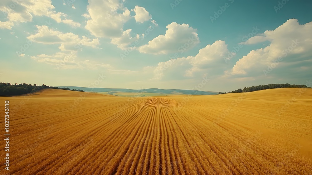 Fototapeta premium Aerial view of vast golden wheat fields arranged in a patchwork pattern, with rolling hills and fluffy clouds under a blue sky, capturing the beauty of a rural landscape.