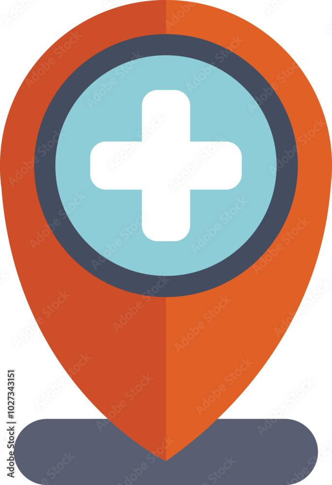 Fototapeta premium Orange location pin is showing a white cross symbol, indicating a medical facility or service