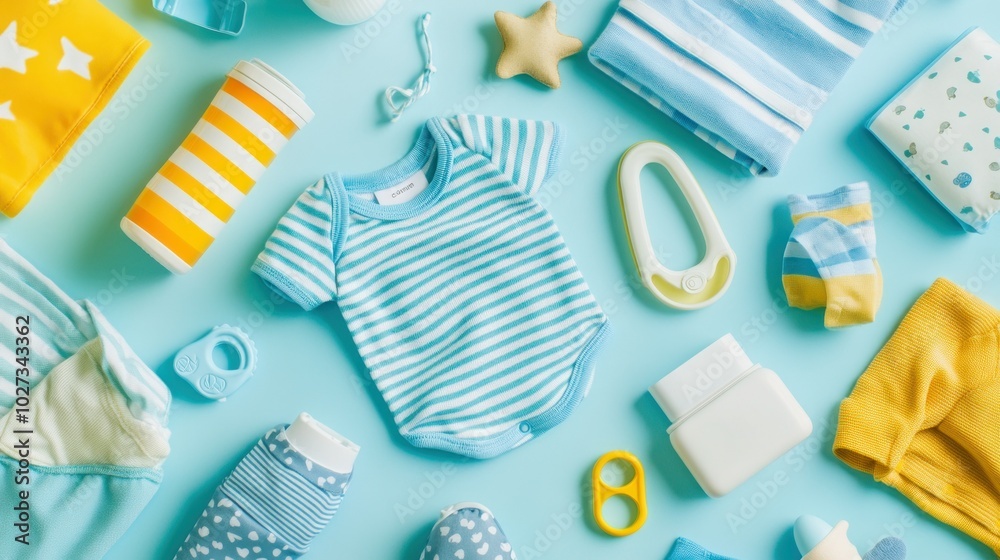 Baby Boy Clothes and Accessories on a Blue Background Baby Boy Clothes and Accessories on a Blue Background