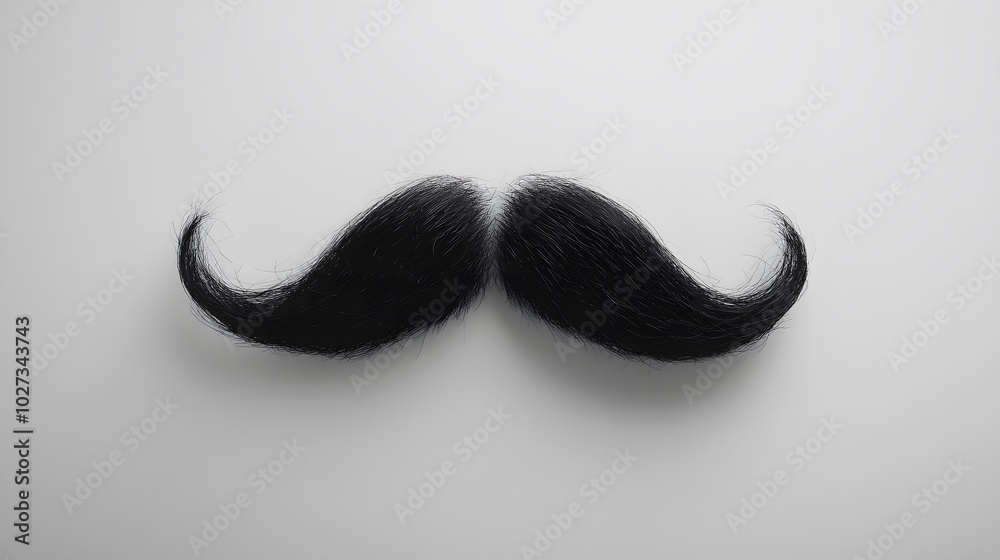 Detailed close-up of a black handlebar mustache on a white background, showcasing groomed facial hair with a vintage barbershop aesthetic and symmetrical shape. Detailed close-up of a black handlebar mustache on a white background, showcasing groomed facial hair with a vintage barbershop aesthetic and symmetrical shape.
