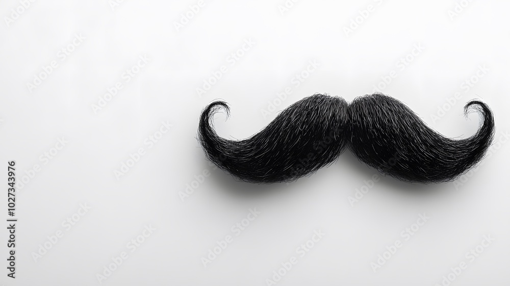 Detailed close-up of a black handlebar mustache on a white background, showcasing groomed facial hair with a vintage barbershop aesthetic and symmetrical shape. Detailed close-up of a black handlebar mustache on a white background, showcasing groomed facial hair with a vintage barbershop aesthetic and symmetrical shape.