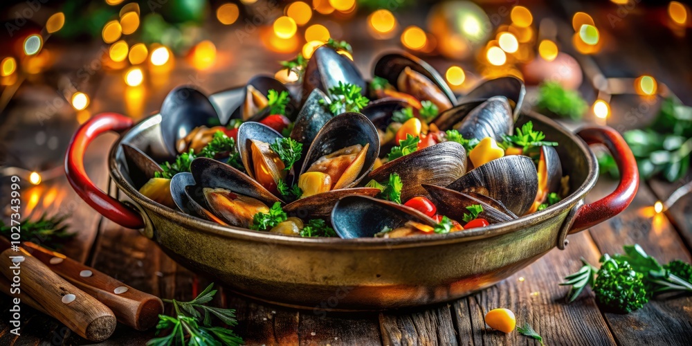 Fototapeta premium Savor a luscious Zeeland mussels casserole, perfectly captured with a soft bokeh backdrop, enhancing the dish’s vibrant colors and inviting textures for culinary photography.