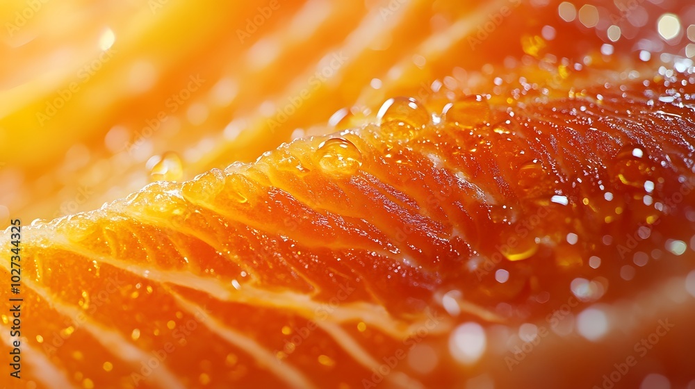 Extreme close-up of a vibrant orange salmon fillet, highlighting its glistening surface and visible fat lines, embodying fresh raw fish in high-resolution food photography. Extreme close-up of a vibrant orange salmon fillet, highlighting its glistening surface and visible fat lines, embodying fresh raw fish in high-resolution food photography.