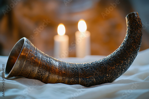 Shofar Horn with Candles: A Symbolic Still Life  photo