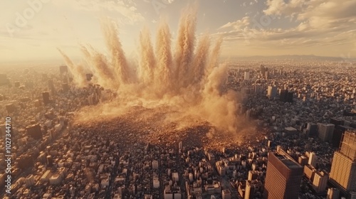 Apocalyptic Explosion Engulfing Cityscape in Dramatic Sunset