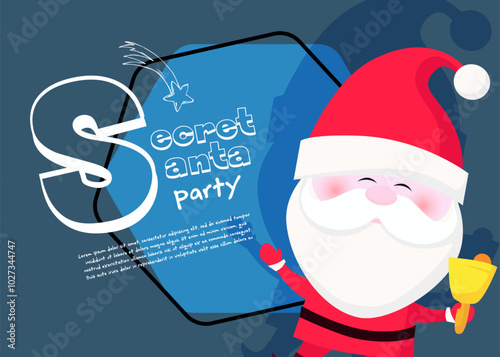 Secret Santa party banner with cute Santa Claus ringing bell and dancing on abstract background. Lettering with realistic elements can be used for invitations, signs, announcements