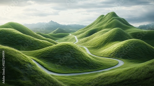 Mountains with winding roads through grassy hills, carved out of the landscape