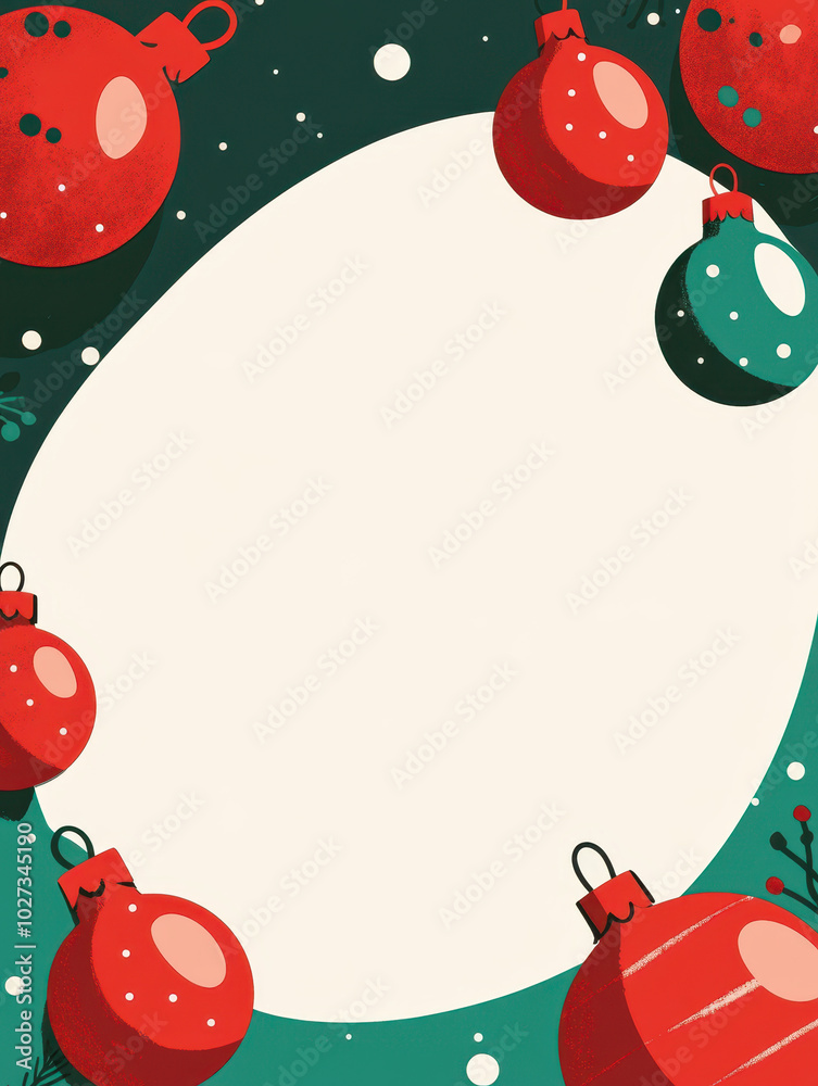 Fototapeta premium Green Christmas banner with scattered red baubles around a large oval centre, ideal for holiday-themed designs.
