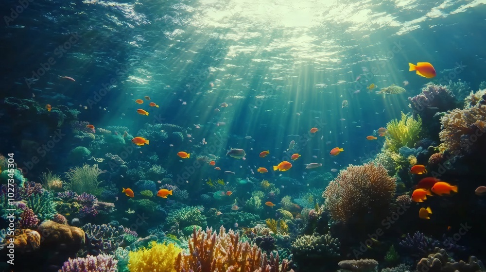 Fototapeta premium Underwater Coral Reef Teeming with Vibrant Marine Life