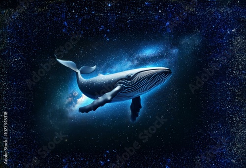 A blue whale swims through a starry night sky. photo