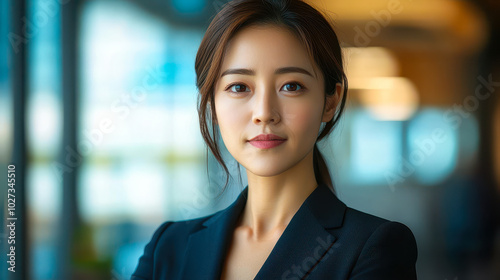 Confident Professional Asian Businesswoman in Corporate Office Setting, Wearing Business Attire, Career Success Concept, Focused and Determined Expression, High-Resolution Portrait