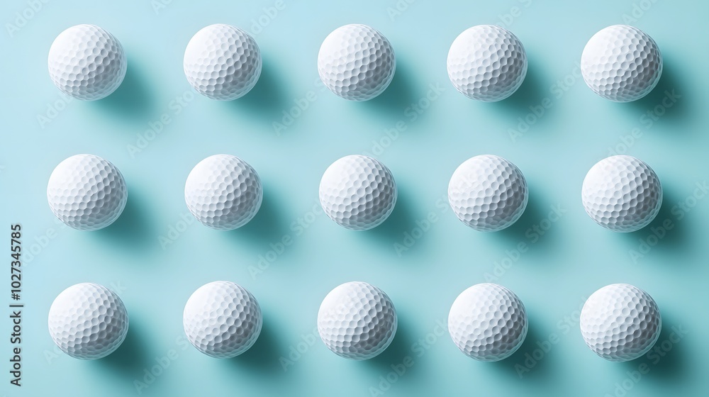 Neatly arranged golf balls in a light blue background, showcasing a symmetrical layout of white dimpled spheres in a clean and simple sports equipment composition. Neatly arranged golf balls in a light blue background, showcasing a symmetrical layout of white dimpled spheres in a clean and simple sports equipment composition.